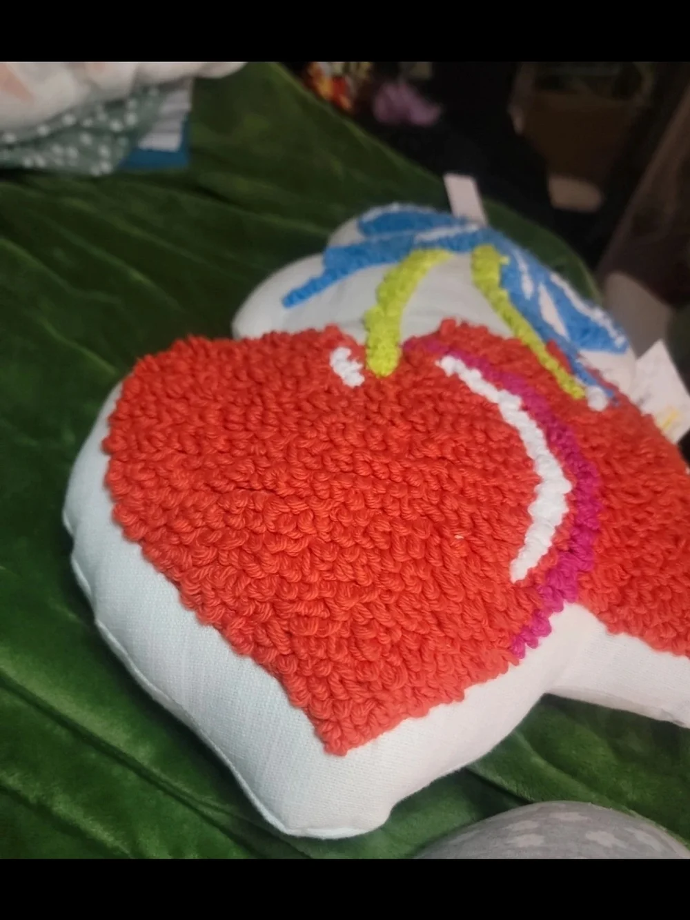 Decorative Cherry Pillow with Blue Bow - Red, Blue, Green Accents